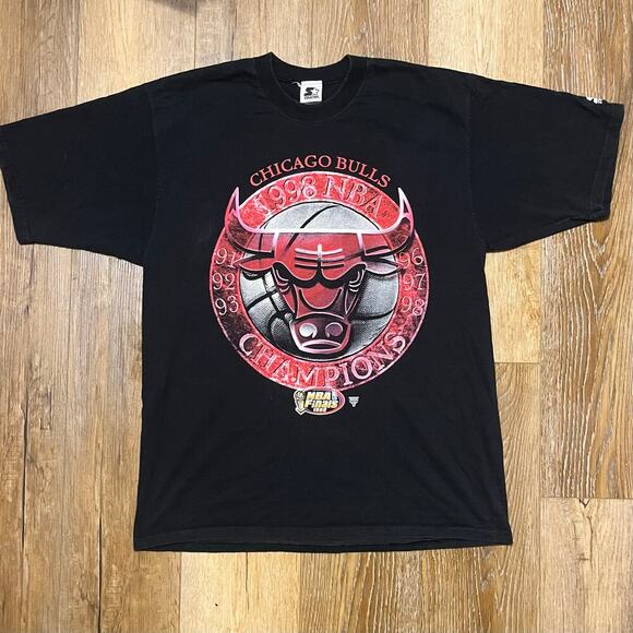 Vtg Starter Chicago Bulls NBA Champions T-Shirt L Double Sided Black 1998 Jordan - Picture 1 of 8